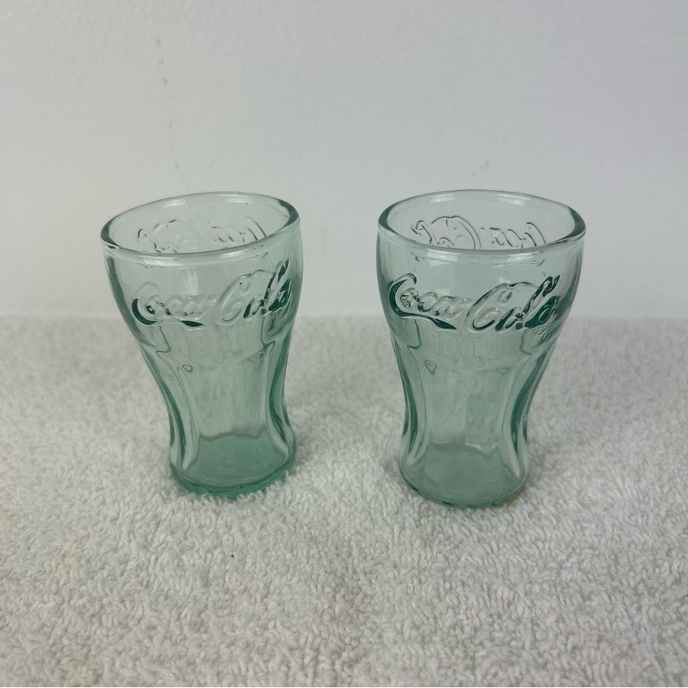 Set of 2 VTG "Indiana Glass" Coca-Cola Green Mini Shot Glasses 2.5oz 3-1/8" Tall